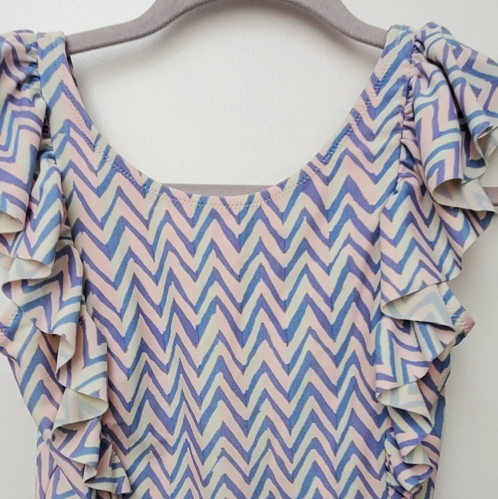 Crew Cuts Pink Blue Ruffle Chevron Swim Suit Size 8 yrs